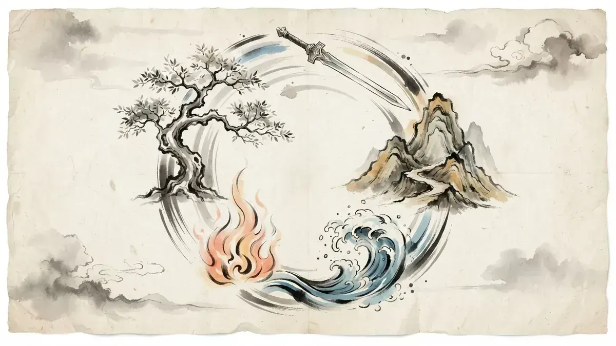 五行金木水火土水墨插画
