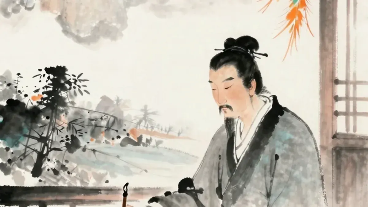 水墨画风格，一位文人在窗边挥毫泼墨，远处凤凰升起，寓意伤官的才华与高傲