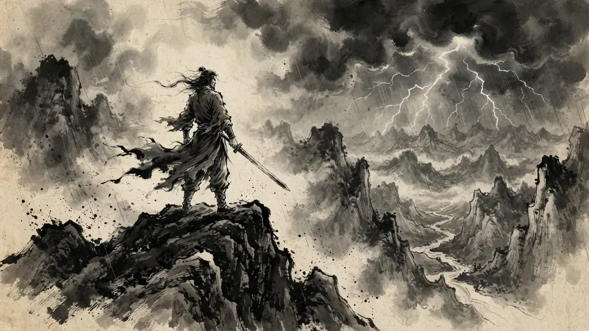 七杀意象图：暴风雨中站在山顶的武士，象征魄力与压力