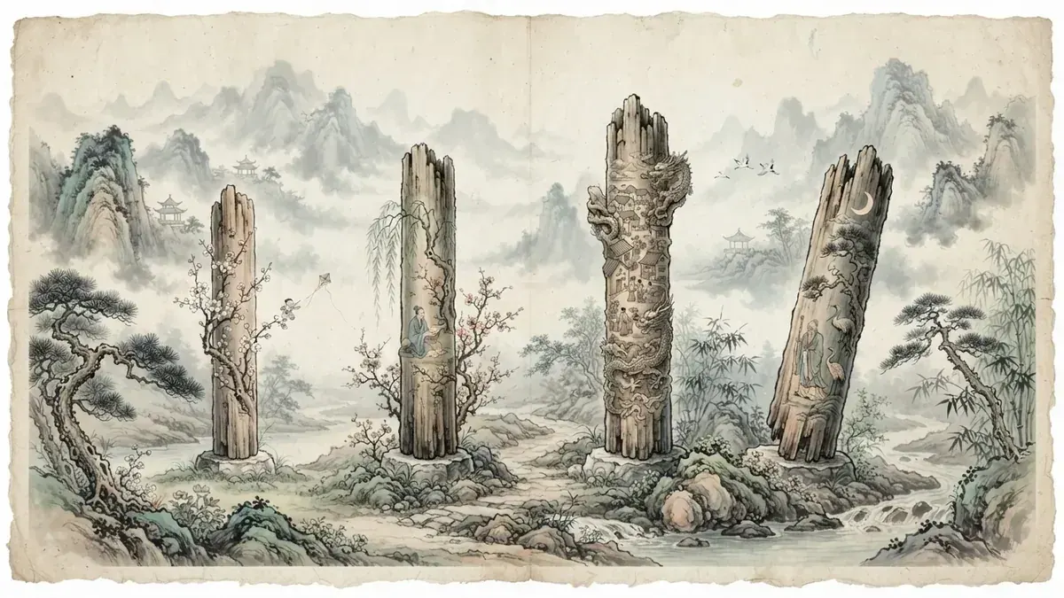 四柱山水画，象征人生四个阶段