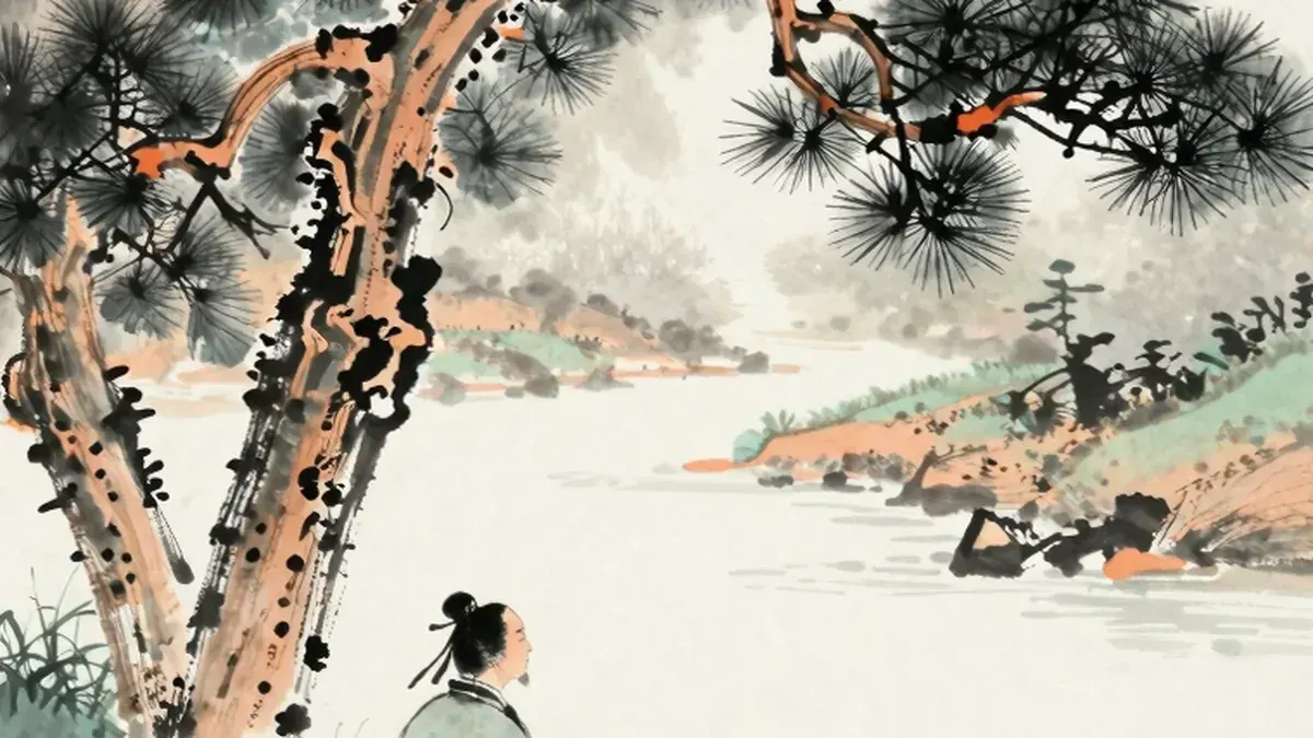 山水画风格，松树下坐着一个古人，溪流上有载着铜钱的小船，象征偏财之财