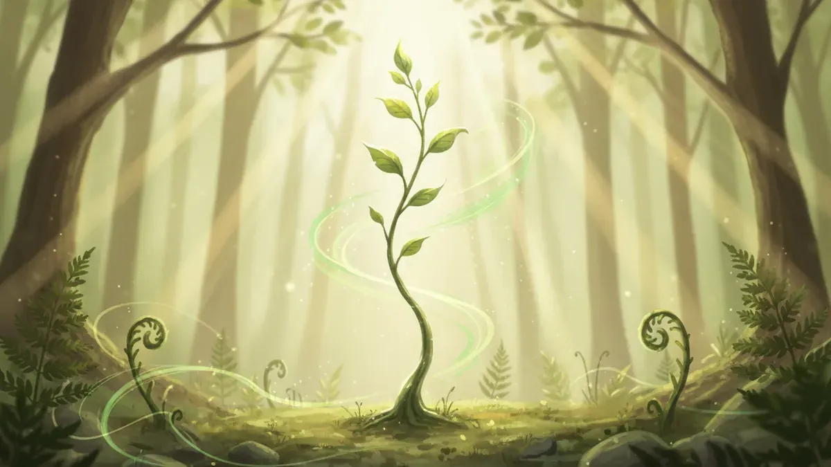 A young sapling growing in soft sunlight, representing Wood energy and growth.